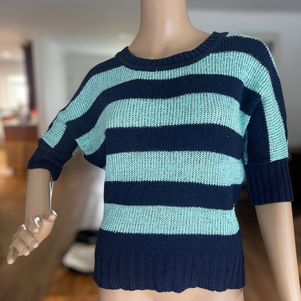 By & By Blue Navy Sequin Stripe Knit Short Sleeve Sweater Women’s Size M